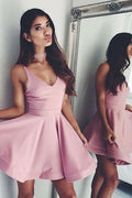 A-line Cute V Neck Short Satin Homecoming Dress Formal Dress