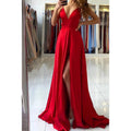 A-line Deep V-neck High Split Red Long Formal Dress