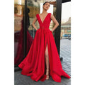A-line Deep V-neck Red Satin High Split Long Prom Dress with Pockets