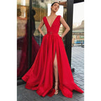 A-line Deep V-neck Red Satin High Split Long Prom Dress with Pockets