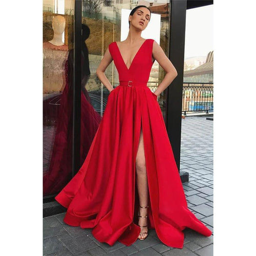 A-line Deep V-neck Red Satin High Split Long Prom Dress with Pockets