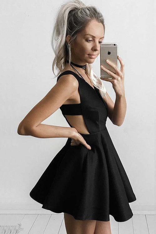 A-Line Deep V-Neck Short Cut Out Satin Homecoming Dress