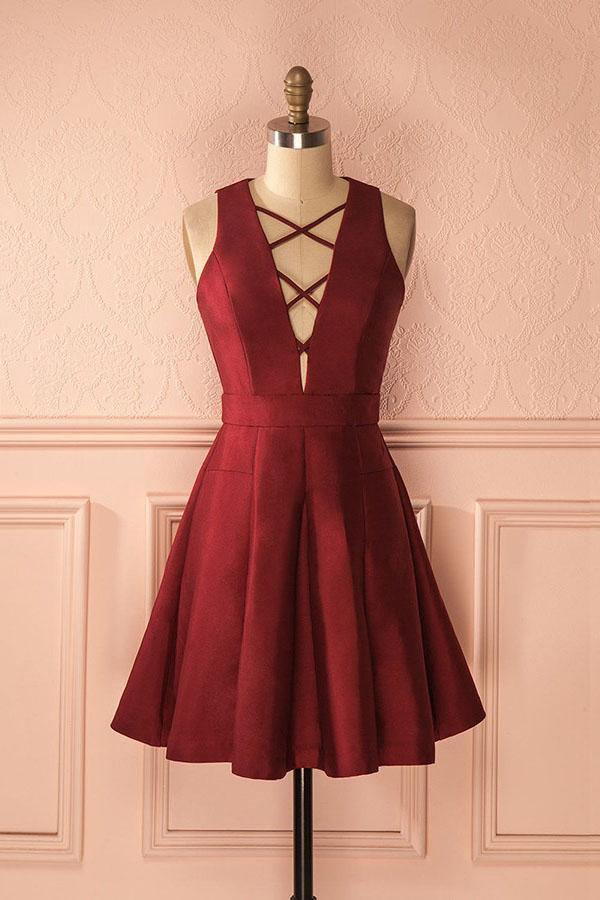 A-Line Deep V-Neck Sleeveless Lace-up Satin Homecoming Dress
