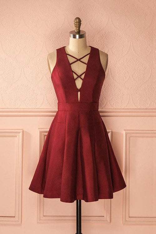 A-Line Deep V-Neck Sleeveless Lace-up Satin Homecoming Dress
