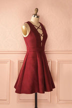 A-Line Deep V-Neck Sleeveless Lace-up Satin Homecoming Dress
