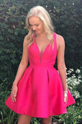 A-Line Deep V-Neck Above-Knee Fuchsia Homecoming Dress