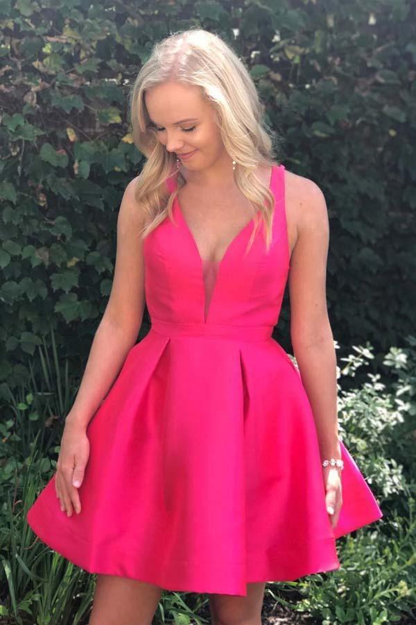 A-Line Deep V-Neck Above-Knee Fuchsia Homecoming Dress