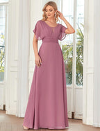 A-Line Elegant Formal Evening Dress V Neck Short Sleeve Floor Length Chiffon with Draping