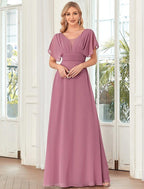 A-Line Elegant Formal Evening Dress V Neck Short Sleeve Floor Length Chiffon with Draping