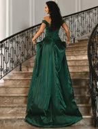 A-Line Elegant High Split Prom Formal Evening Dress Off Shoulder Short Sleeve Sweep / Brush Train Lace with Slit Appliques