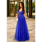 A-Line Elegant & Luxurious V-Neck Criss-Cross Straps Backless Formal Prom Dress