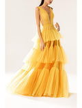 A-Line Elegant Princess Wedding Guest Formal Evening Dress V Neck Sleeveless Court Train Tulle with Tier Pure Color