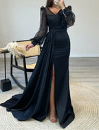 A-Line Evening Gown Black Dress Plus Size Sparkle & Shine Dress Formal Cocktail Party Court Train Long Sleeve V Neck Belt / Sash Charmeuse with Ruched Sequin Slit