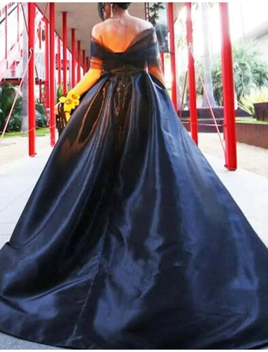 A-Line Evening Gown Black Dress Plus Size Vintage Halloween Wedding Party Asymmetrical Short Sleeve Illusion Neck Wednesday Addams Family Satin with Pleats Tiered