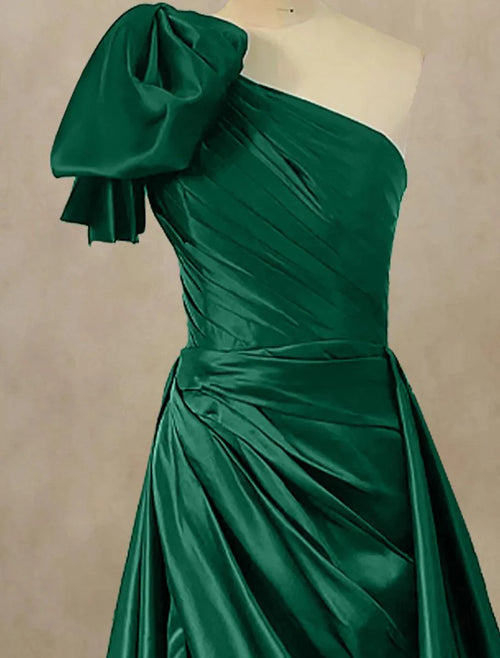 A-Line Evening Gown Celebrity Style Dress Formal Christmas Red Green Dress Court Train Sleeveless One Shoulder Satin with Ruched Slit