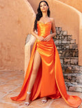 A-Line Evening Gown Celebrity Style Dress Formal Sweep / Brush Train Sleeveless V Neck Satin with Crystals Slit