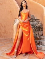 A-Line Evening Gown Celebrity Style Dress Formal Sweep / Brush Train Sleeveless V Neck Satin with Crystals Slit