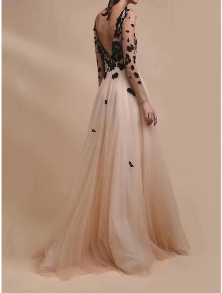 A-Line Evening Gown Champagne Gold Elegant Dress Formal Wedding Guest Sweep / Brush Train Long Sleeve V Neck Tulle with Embroidery