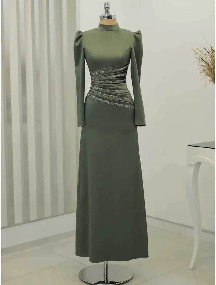 A-Line Evening Gown Christmas Elegant Dress Formal Ankle Length Long Sleeve High Neck Satin with Glitter Ruched