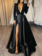 A-Line Evening Gown Christmas Red Green Dress Formal Black Dress Plus Size Wedding Court Train Half Sleeve V Neck Satin with Sequin Slit