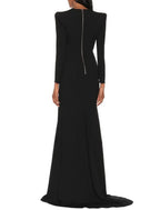A-Line Evening Gown Elegant Black Champagne Dress Plus Size Dress Formal Sweep / Brush Train Long Sleeve V Neck Stretch Fabric with Pleats Slit