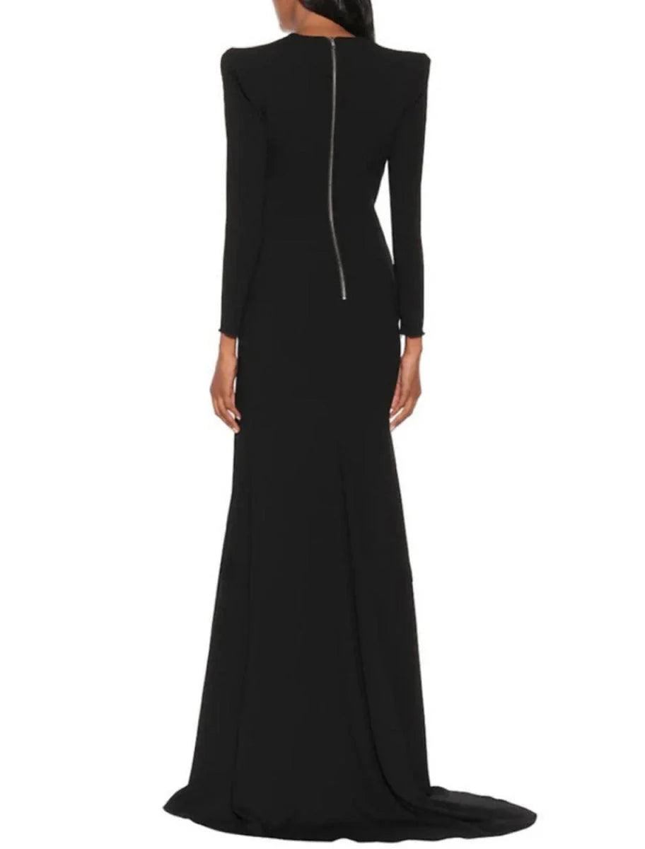 A-Line Evening Gown Elegant Black Champagne Dress Plus Size Dress Formal Sweep / Brush Train Long Sleeve V Neck Stretch Fabric with Pleats Slit