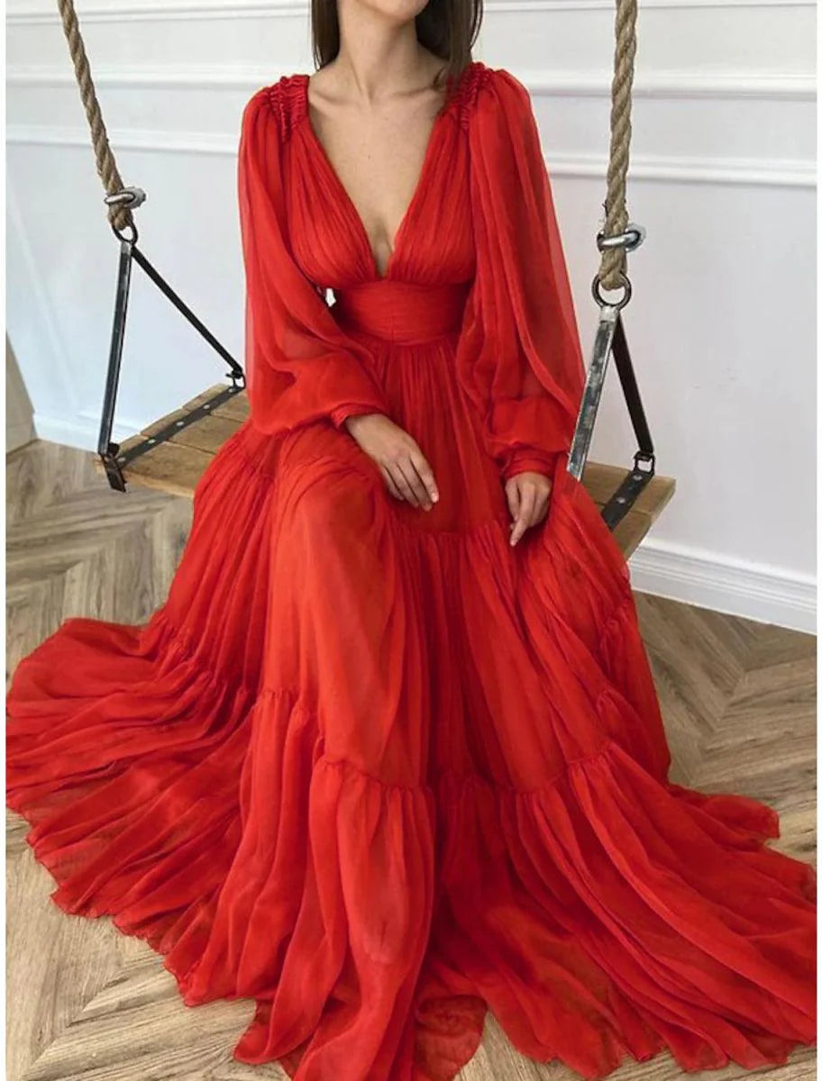 A-Line Evening Gown Elegant Dress Christmas Red Green Dress Formal Wedding Guest Floor Length Long Sleeve V Neck Chiffon with Ruched