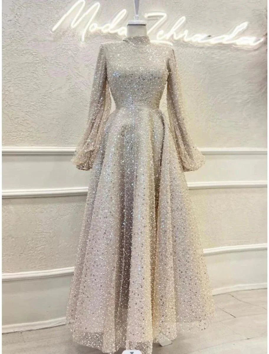 Numbersea A-Line Evening Gown Elegant Dress Formal Ankle Length Long Sleeve High Neck Sequined with Glitter Pleats
