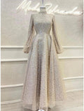 Numbersea A-Line Evening Gown Elegant Dress Formal Ankle Length Long Sleeve High Neck Sequined with Glitter Pleats