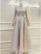 Numbersea A-Line Evening Gown Elegant Dress Formal Ankle Length Long Sleeve High Neck Sequined with Glitter Pleats