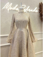 Numbersea A-Line Evening Gown Elegant Dress Formal Ankle Length Long Sleeve High Neck Sequined with Glitter Pleats