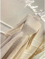 Numbersea A-Line Evening Gown Elegant Dress Formal Ankle Length Long Sleeve High Neck Sequined with Glitter Pleats