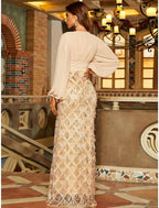A-Line Evening Gown Elegant Dress Formal Floor Length Long Sleeve V Neck Sequined with Glitter Ruched Slit