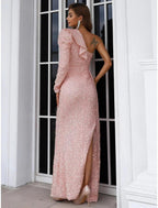 A-Line Evening Gown Elegant Dress Formal Sweep / Brush Train Long Sleeve One Shoulder Sequined with Glitter Ruched Slit