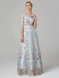 A-Line Evening Gown Elegant Dress Holiday Floor Length 3/4 Length Sleeve Illusion Neck Lace with Embroidery