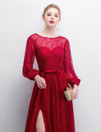 A-Line Evening Gown Elegant & Luxurious Dress Formal Evening Sweep / Brush Train Long Sleeve Boat Neck Lace with Sash / Ribbon Split Front