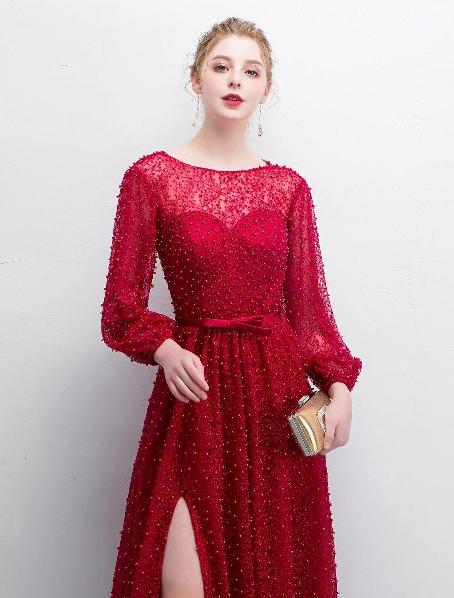 A-Line Evening Gown Elegant & Luxurious Dress Formal Evening Sweep / Brush Train Long Sleeve Boat Neck Lace with Sash / Ribbon Split Front