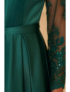 A-Line Evening Gown Empire Dress Christmas Wedding Guest Floor Length Long Sleeve Jewel Neck Satin with Appliques Split Front