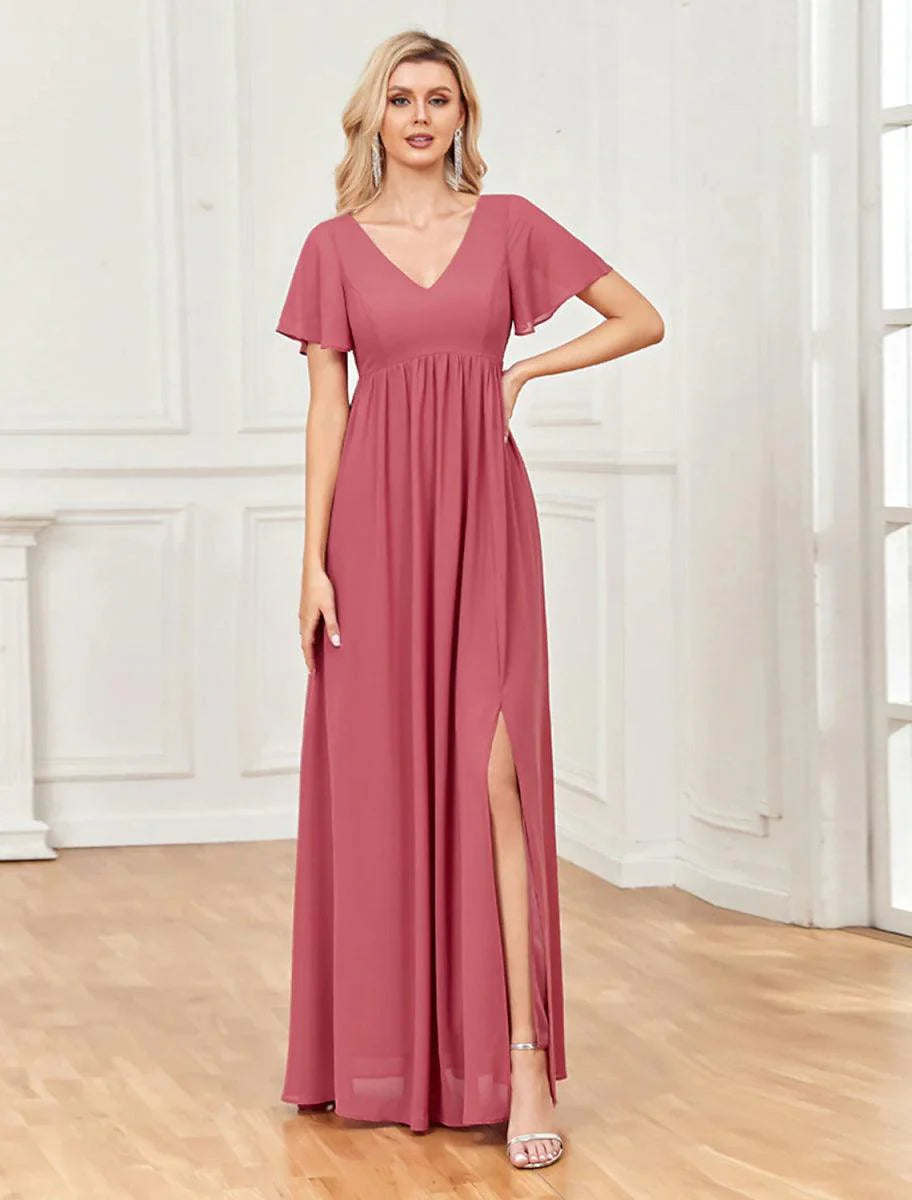 A-Line Evening Gown Empire Dress Party Wear Wedding Party Floor Length Short Sleeve V Neck Chiffon V Back with Slit