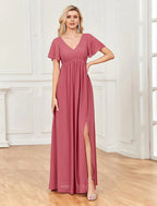 A-Line Evening Gown Empire Dress Party Wear Wedding Party Floor Length Short Sleeve V Neck Chiffon V Back with Slit