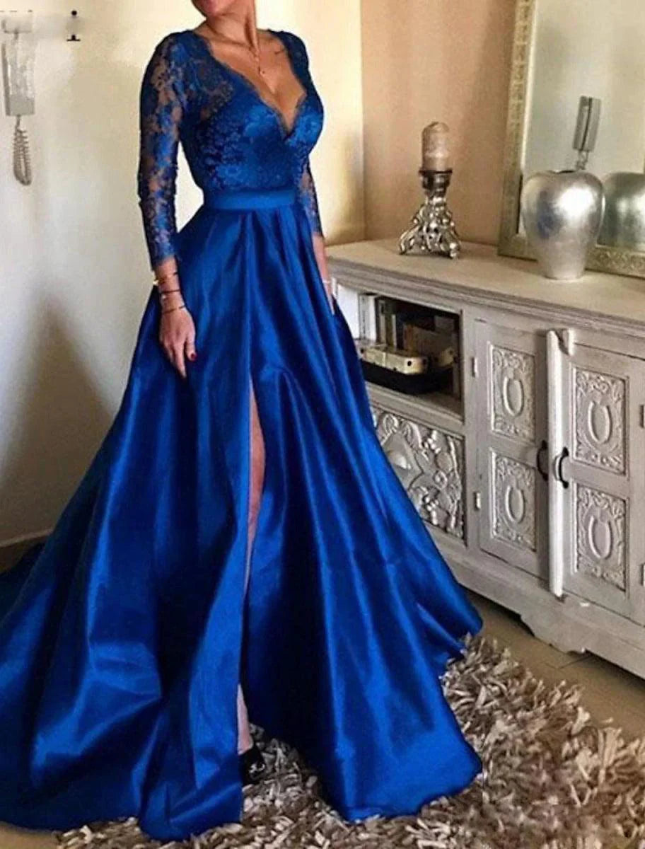 A-Line Evening Gown Floral Dress Party Wear Formal Evening Floor Length Long Sleeve V Neck Tulle with Pleats Appliques