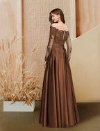 A-Line Evening Gown Glittering Dress Engagement Floor Length Long Sleeve Off Shoulder Satin with Sequin Slit Lace Insert