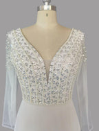 A-Line Evening Gown Glittering Dress Engagement Sweep / Brush Train Short Sleeve V Neck Chiffon with Sequin Slit