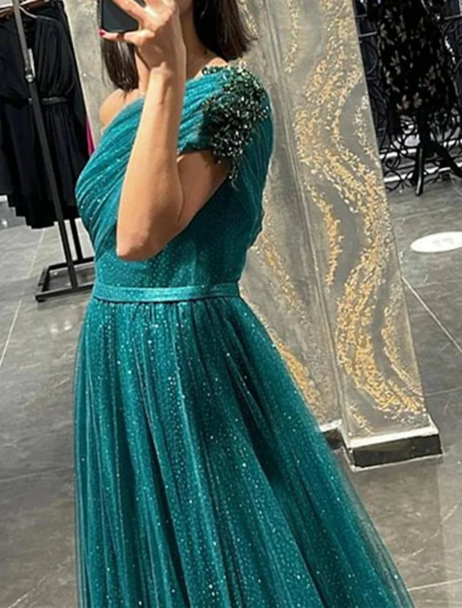 A-Line Evening Gown Glittering Dress Wedding Prom Court Train Sleeveless One Shoulder Tulle with Glitter Ruched Appliques