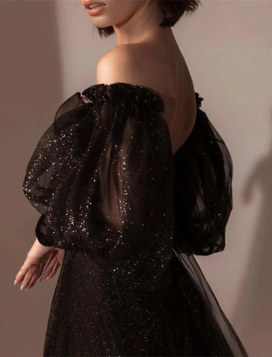 A-Line Evening Gown High Split Dress Prom Semi Formal Black Dress Plus Size Floor Length Long Sleeve Off Shoulder Tulle with Glitter Slit