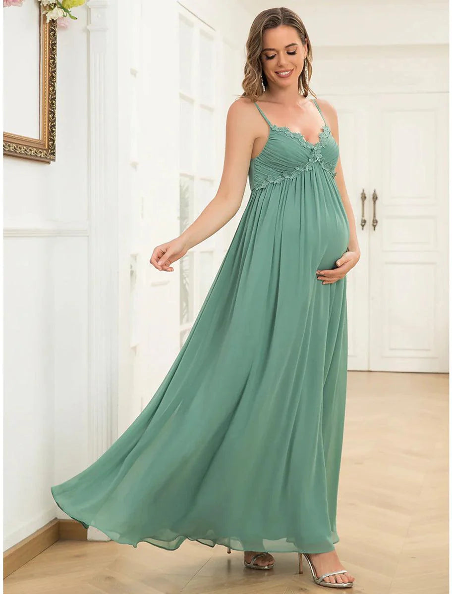 A-Line Evening Gown Maternity Dress Wedding Guest Wedding Party Floor Length Sleeveless V Neck Chiffon V Back with Draping