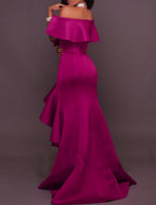 A-Line Evening Gown Minimalist Dress Wedding Guest Homecoming Asymmetrical Sleeveless Off Shoulder Stretch Satin with Ruffles Slit