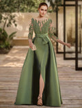 A-Line Evening Gown Open Back Dress Formal Wedding Guest Floor Length 3/4 Length Sleeve Scoop Neck Lace with Slit Strappy