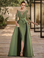 A-Line Evening Gown Open Back Dress Formal Wedding Guest Floor Length 3/4 Length Sleeve Scoop Neck Lace with Slit Strappy