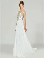 A-Line Evening Gown Open Back Dress Formal Wedding Party Floor Length Sleeveless V Neck Chiffon with Rhinestone